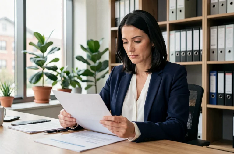 Femme consultant des documents de prêt immobilier dans une agence professionnelle pour obtenir un crédit adapté à son projet