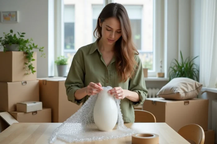Femme emballant un vase avec du papier bulle lors d'un déménagement dans un appartement
