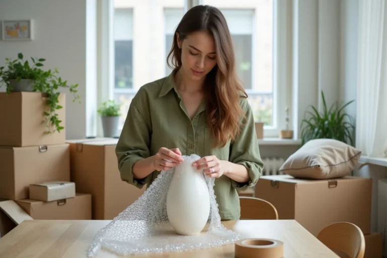 Femme emballant un vase avec du papier bulle lors d'un déménagement dans un appartement