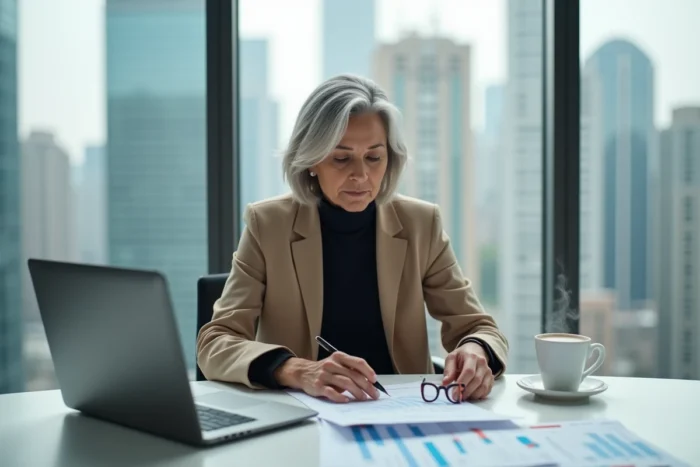 Femme entrepreneur expérimentée analysant des rapports de performance pour booster la croissance de son entreprise