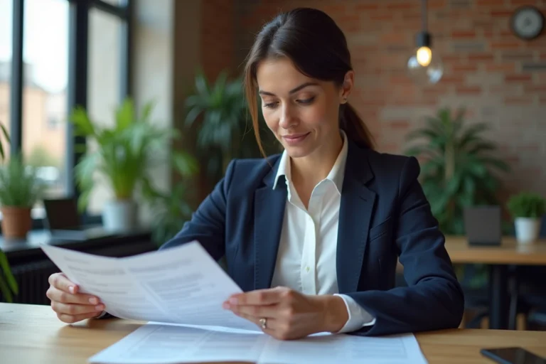 Femme entrepreneur belge en veste marine examinant des documents de création d'entreprise dans un espace de coworking à Bruxelles