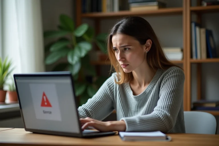 Femme frustrée face à une page d'erreur sur son ordinateur portable en essayant d'accéder à ses documents en ligne sur myfoncia