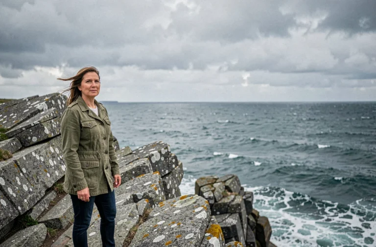 Femme en veste cirée sur les falaises de granit en Bretagne contemplant l'océan Atlantique