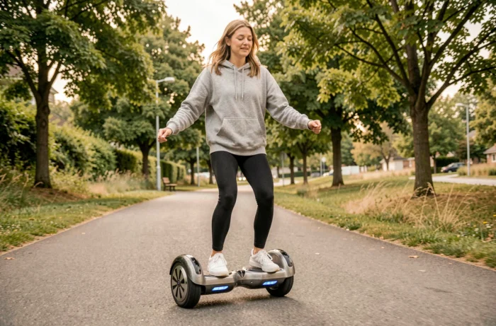 Femme en train de rider un hoverboard sur une piste cyclable dans un parc verdoyant en toute sécurité