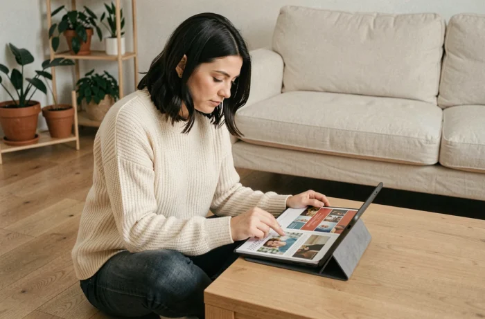 Femme lisant un magazine en ligne sur une tablette dans un salon scandinave confortable