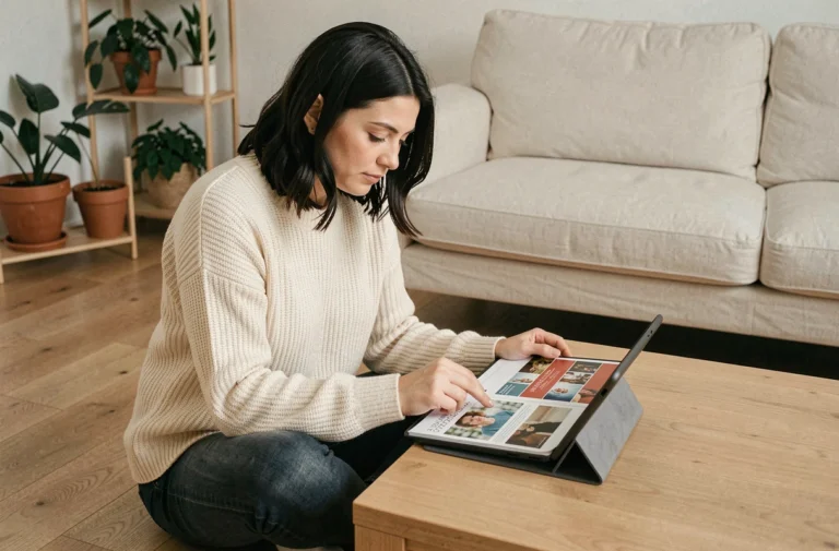 Femme lisant un magazine en ligne sur une tablette dans un salon scandinave confortable