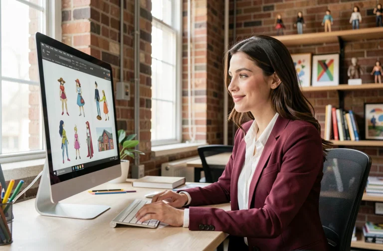 Jeune femme consultatnt un portfolio d'animation sur un écran dans un espace de coworking moderne