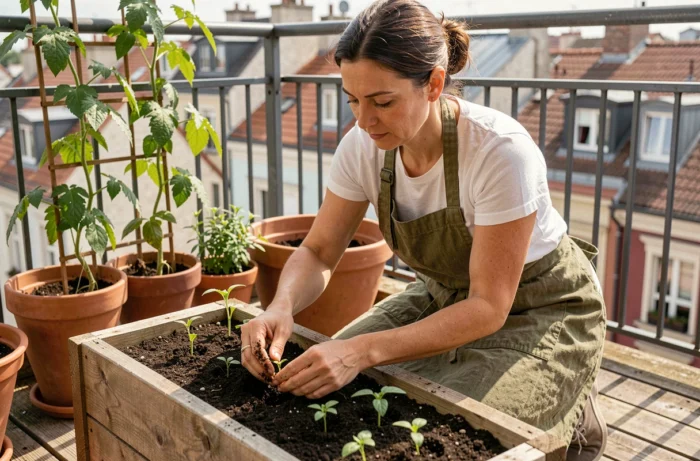 Femme qui transplante des plants de tomates dans un potager surélevé sur un balcon urbain
