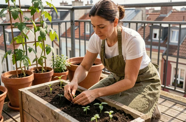 Femme qui transplante des plants de tomates dans un potager surélevé sur un balcon urbain