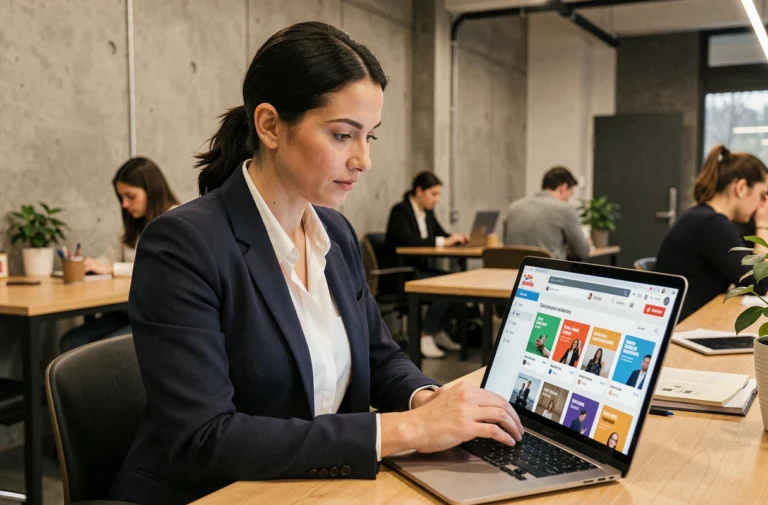 Femme professionnelle consultant des annonces en ligne sur un ordinateur portable dans un espace de co-working moderne