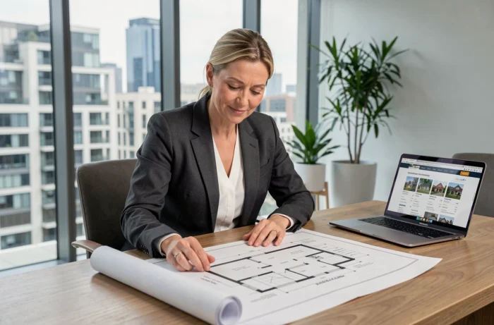 Femme professionnelle de l'immobilier analysant des plans architecturaux dans un bureau moderne en 2024