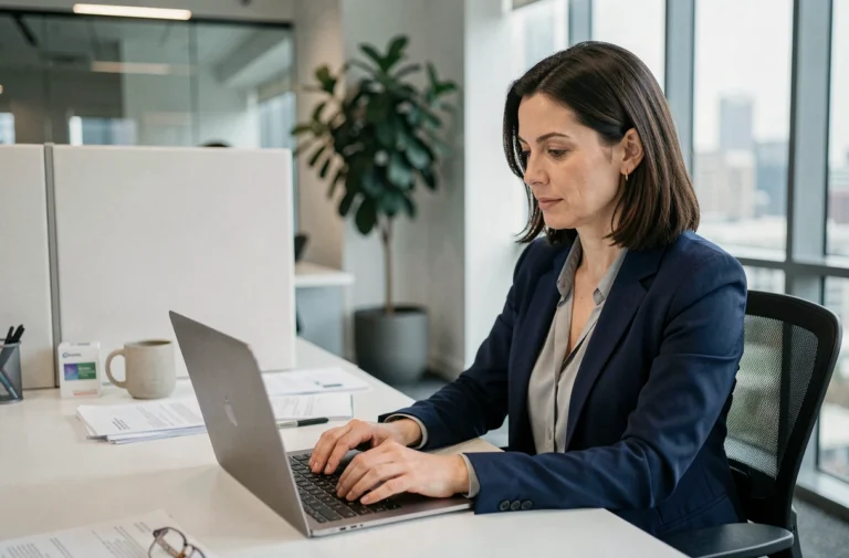 Femme professionnelle accédant à son webmail sur un ordinateur portable dans un bureau moderne