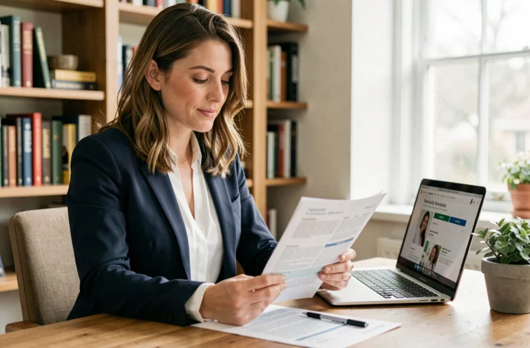 Femme consultant des offres d'emploi sur son bureau à domicile avec un regard concentré et déterminé