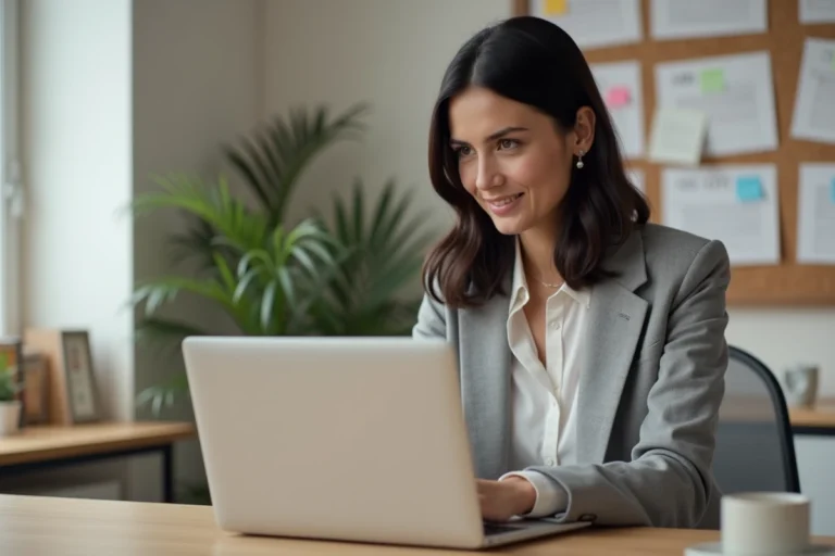Femme professionnelle recherchant un emploi en ligne sur son ordinateur portable dans un bureau à domicile moderne