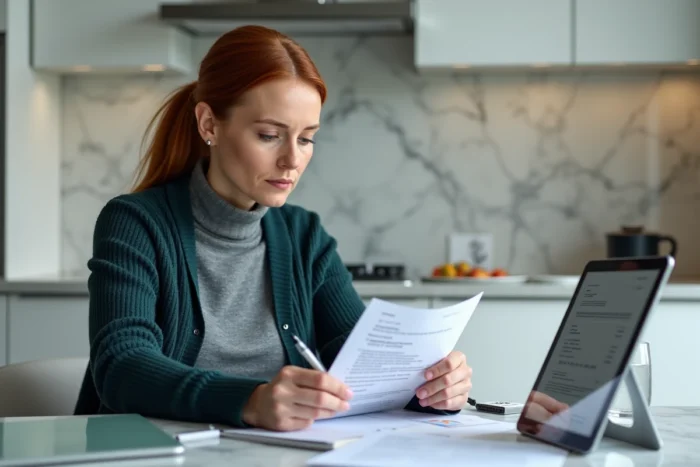 Femme d'âge mûr révisant son CV et consultant une tablette pour optimiser sa recherche d'emploi en ligne