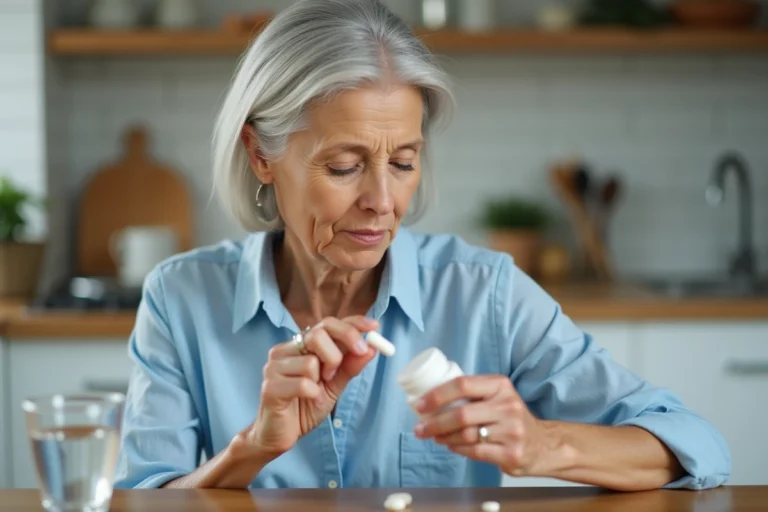Femme senior tenant une capsule de complément alimentaire Bion 3 dans sa cuisine, illustrant les conseils d'utilisation