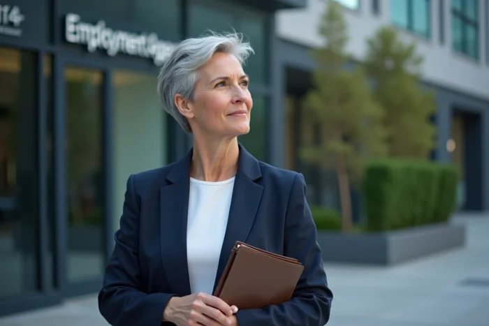Femme senior en blazer marine devant une agence pour l'emploi, illustrant la dispense de recherche d'emploi pour les travailleurs âgés