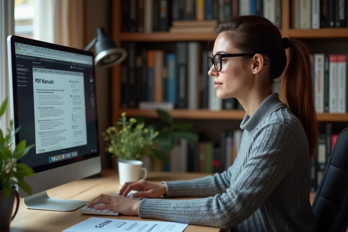 Femme cherchant une revue technique automobile gratuite en PDF sur un site internet depuis son bureau à domicile