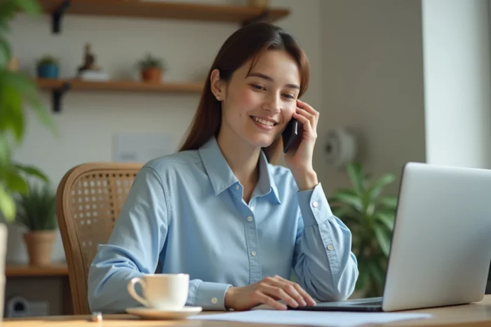 Femme au téléphone contactant le service client Roomlala depuis son bureau à domicile