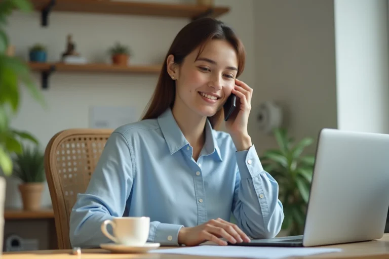 Femme au téléphone contactant le service client Roomlala depuis son bureau à domicile