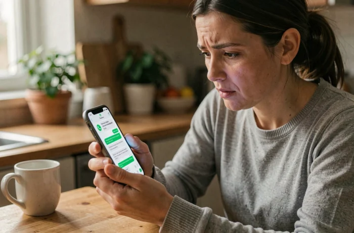 Femme utilisant WhatsApp sur smartphone avec une expression préoccupée concernant la confidentialité de ses données
