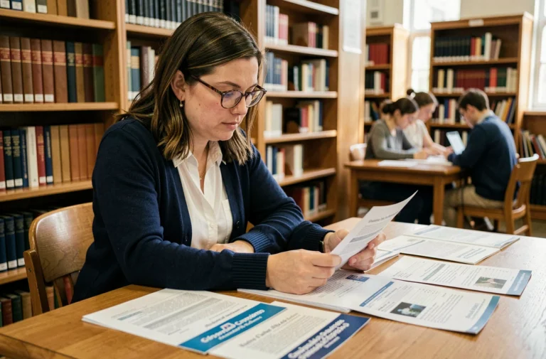 Femme adulte étudiant les documents de financement du DAEU dans une bibliothèque universitaire