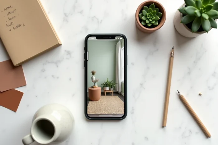 Vue en plongée d'un smartphone affichant une application de décoration intérieure entouré d'échantillons de peinture et d'objets décoratifs sur marbre