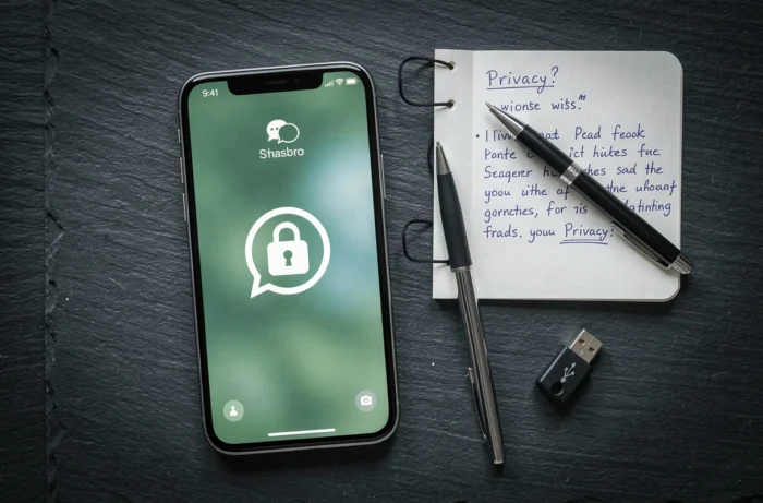 Vue aérienne d'un smartphone avec WhatsApp entouré de notes sur la sécurité des données personnelles et une clé USB