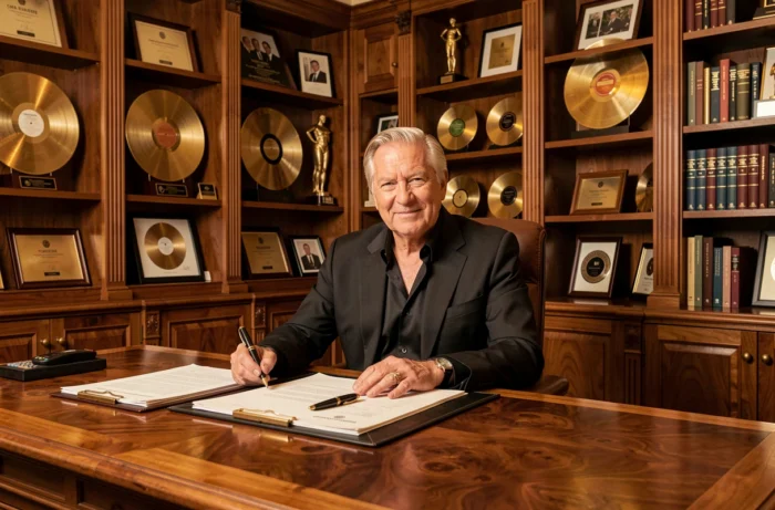 Personnalité du showbiz français installée dans un bureau privé avec disques d'or, symbolisant une carrière lucrative et une fortune estimée