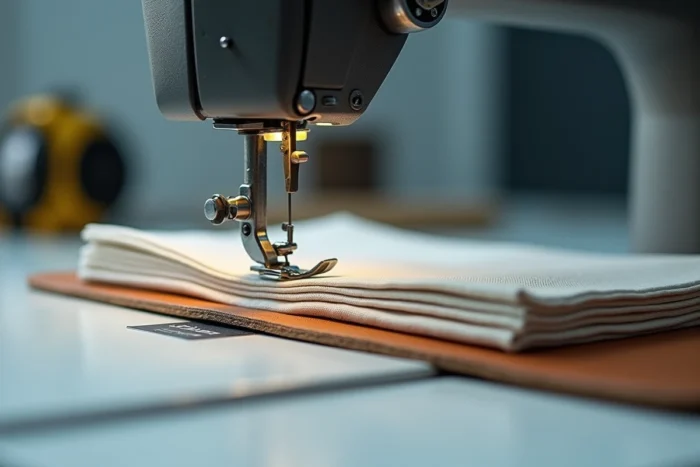 Gros plan sur l'aiguille d'une machine à coudre industrielle perçant plusieurs épaisseurs de toile et de cuir épais