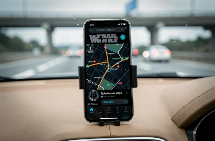 Gros plan d'un smartphone sur tableau de bord affichant Waze avec le thème Dark Vador et la carte de navigation sur autoroute