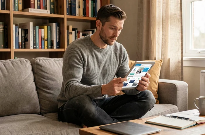 Un homme analysant des alternatives à Flazto sur une tablette depuis son bureau à domicile confortable