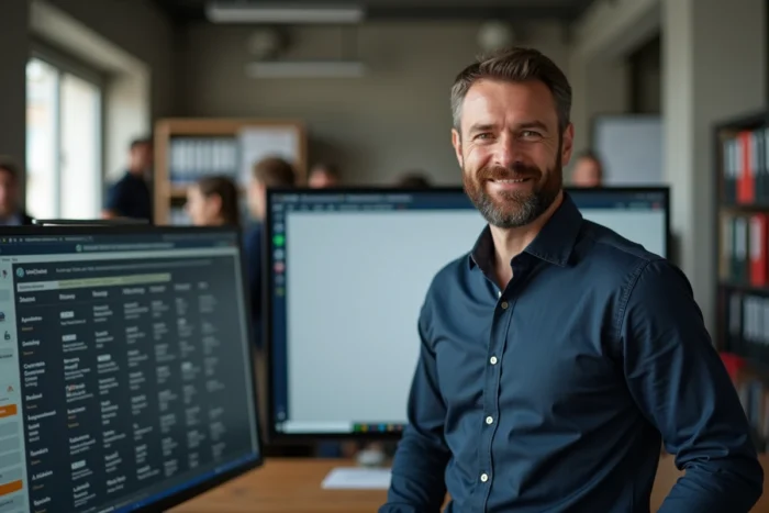 Homme professionnel consultant un annuaire web alternatif sur un écran de bureau en open space