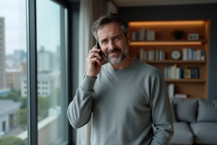 Homme appelant le support Roomlala depuis son appartement moderne face à une fenêtre urbaine