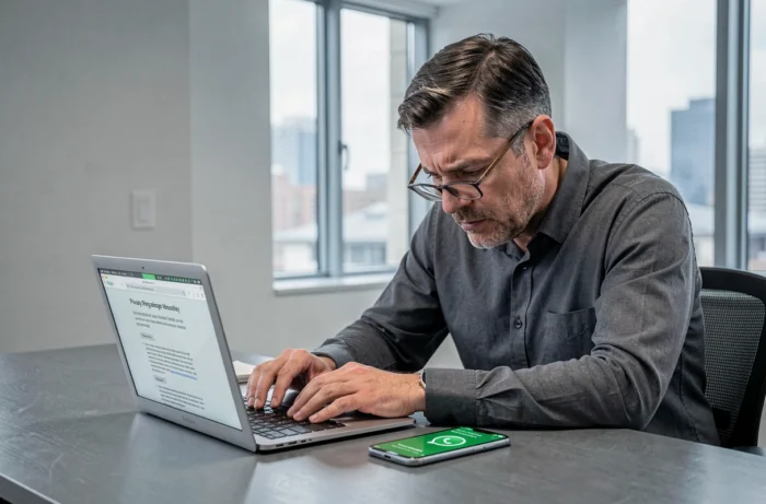 Homme en bureau analysant les conditions de confidentialité de WhatsApp sur ordinateur portable et smartphone