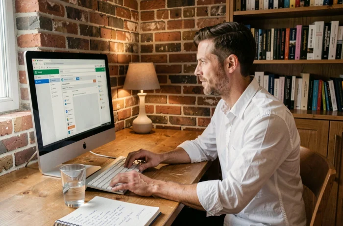 Homme consultant son webmail depuis un bureau à domicile avec ordinateur de bureau