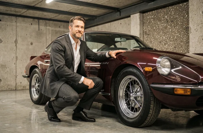 Homme élégant en costume gris anthracite admirant une voiture de sport italienne classique bordeaux dans un garage de collection en béton brut
