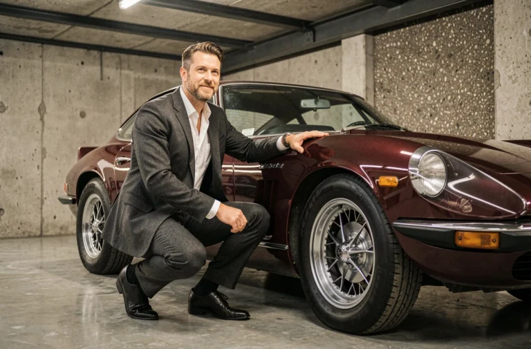 Homme élégant en costume gris anthracite admirant une voiture de sport italienne classique bordeaux dans un garage de collection en béton brut