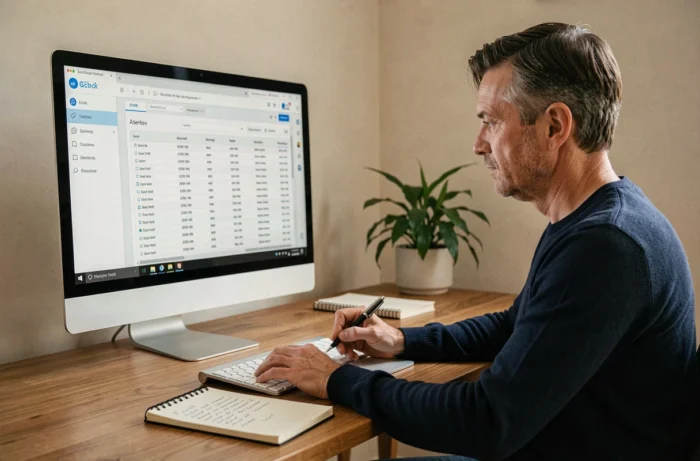 Homme consultant une facture numérique de services IA sur écran d'ordinateur dans un bureau à domicile