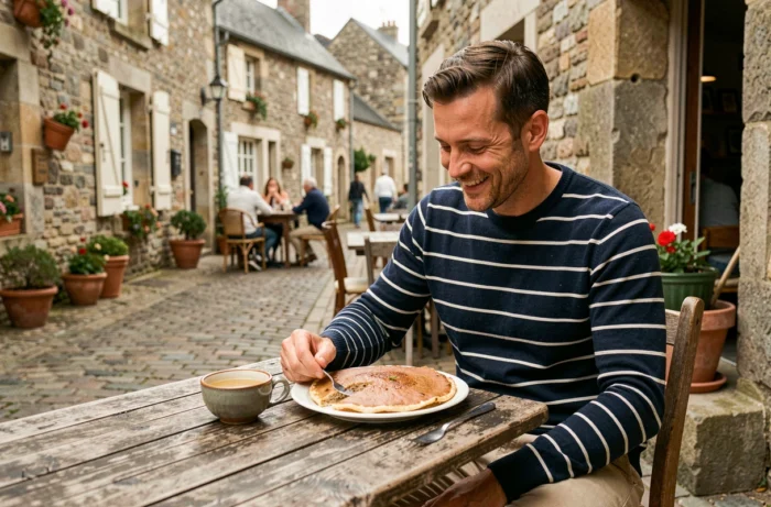 Homme dégustant une galette de sarrasin en terrasse d'une crêperie bretonne traditionnelle
