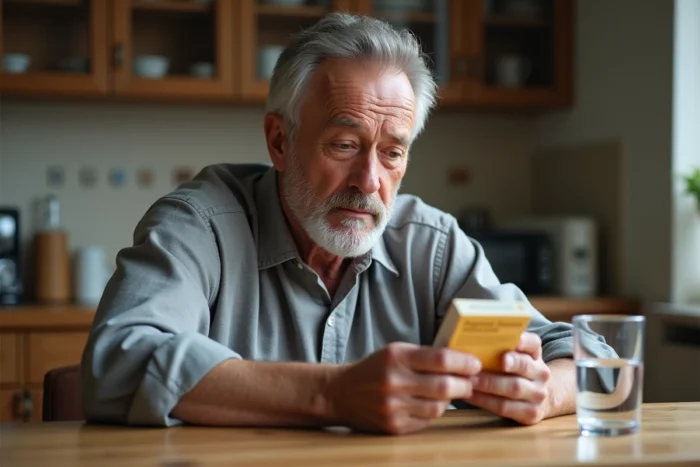 Homme mature lisant la notice d'une crème dermatologique à la table de sa cuisine