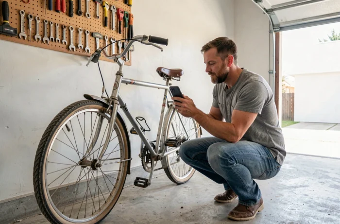 Homme photographiant un vélo d'occasion avec son smartphone dans un garage pour publier une annonce en ligne