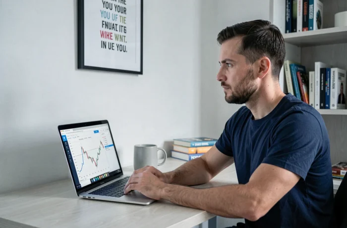 Homme planifiant sa stratégie financière devant un ordinateur portable avec des graphiques de budget dans un appartement moderne