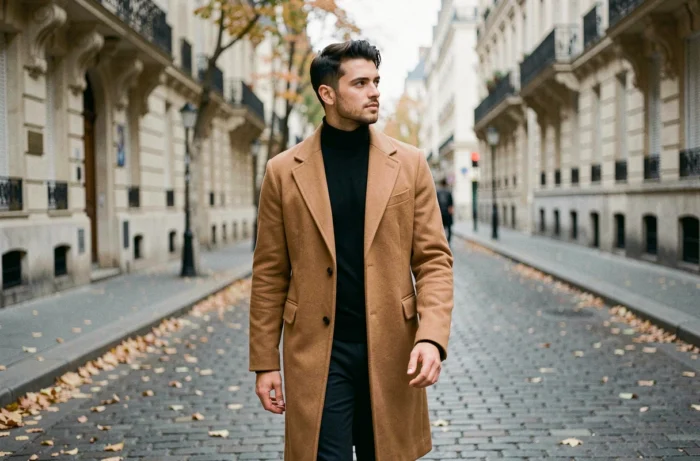 Homme élégant en manteau camel se promenant dans une rue parisienne en automne