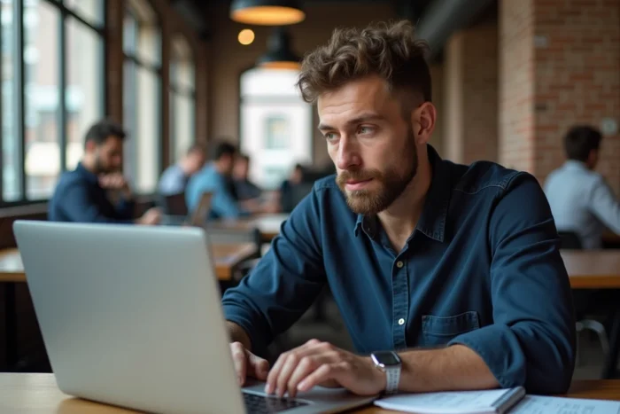 Homme professionnel utilisant un ordinateur portable dans un espace de coworking pour sa recherche d'emploi