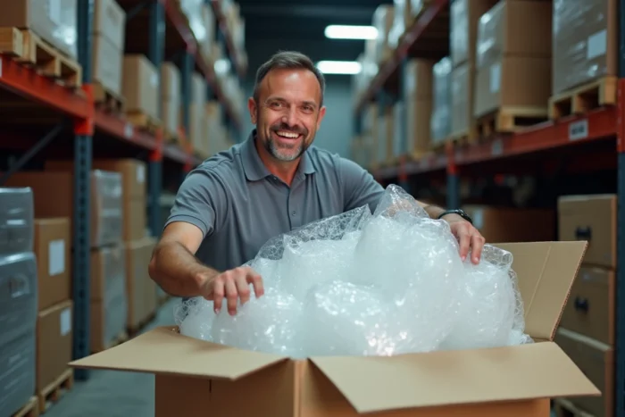 Homme récupérant du papier bulle de réemploi dans un entrepôt logistique