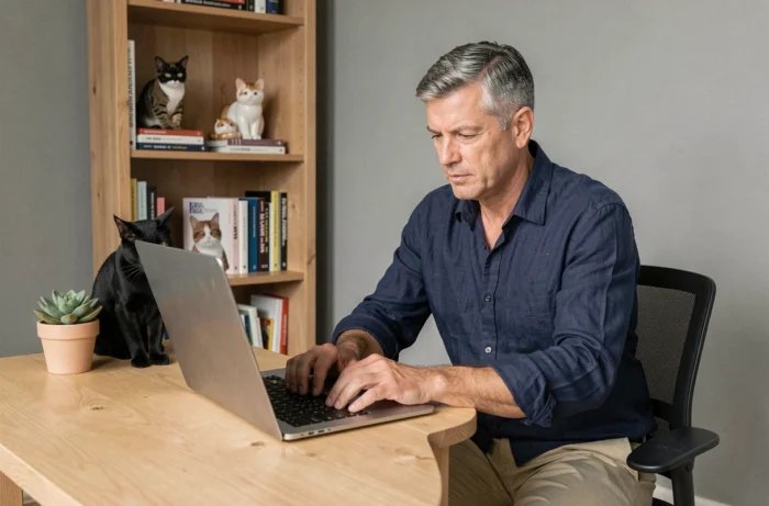 Homme consultant un site web dédié aux chats sur son ordinateur portable avec un chat noir assis à ses côtés