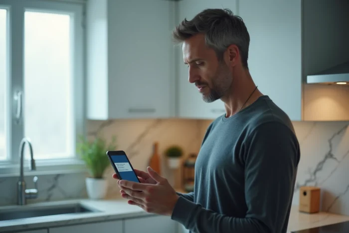 Homme consultant son smartphone affichant une erreur de connexion en tentant d'accéder au portail myfoncia pour ses documents