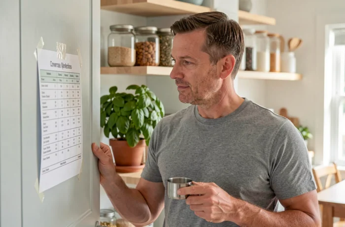 Homme consultant un tableau de conversion centilitres en grammes affiché dans un placard de cuisine lors de la préparation d'un repas léger