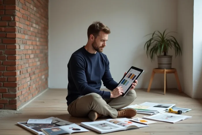 Homme assis sur le sol utilisant une tablette avec une application de planification de décoration entouré d'échantillons de matériaux